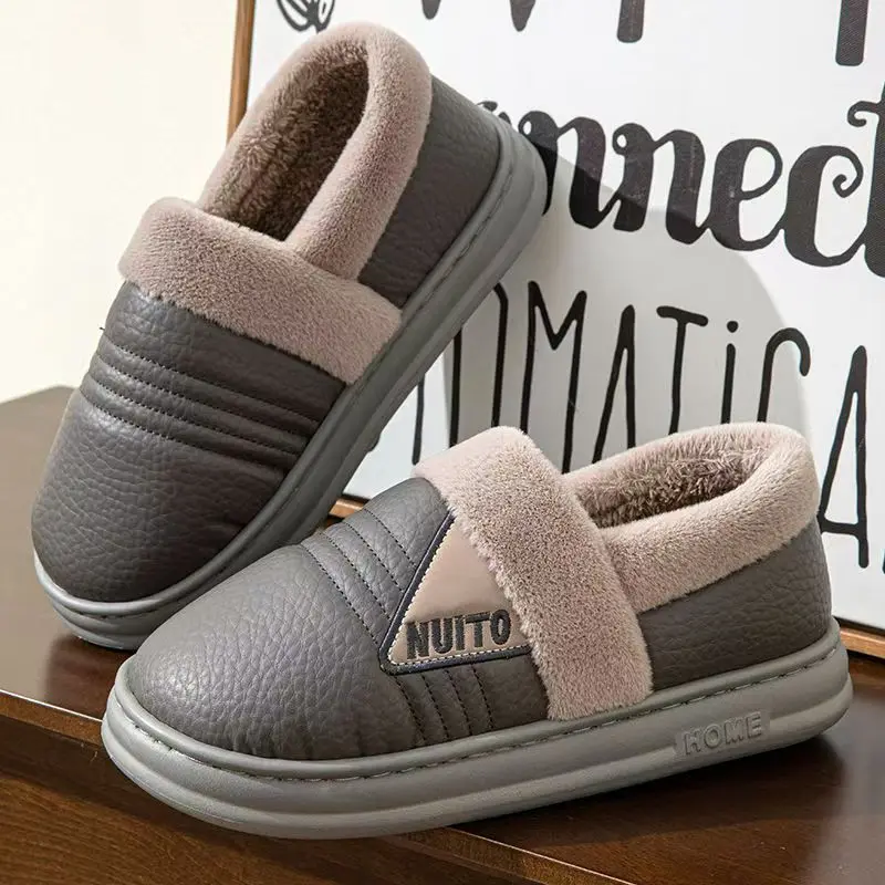 

Men's Winter New Leather Big Size Low Top Cotton Shoes Thick Sole Non Slip Waterproof Plush Keep Warm Slip On Home Cotton Shoes