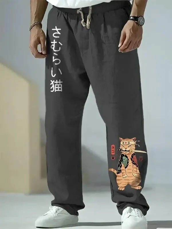 Japanische Samurai Katze druckt weites Bein Hosen Harajuku Freizeit hose Hipster Sommer hose Streetwear Sweapants Männer Frauen Kleidung – Detail 3