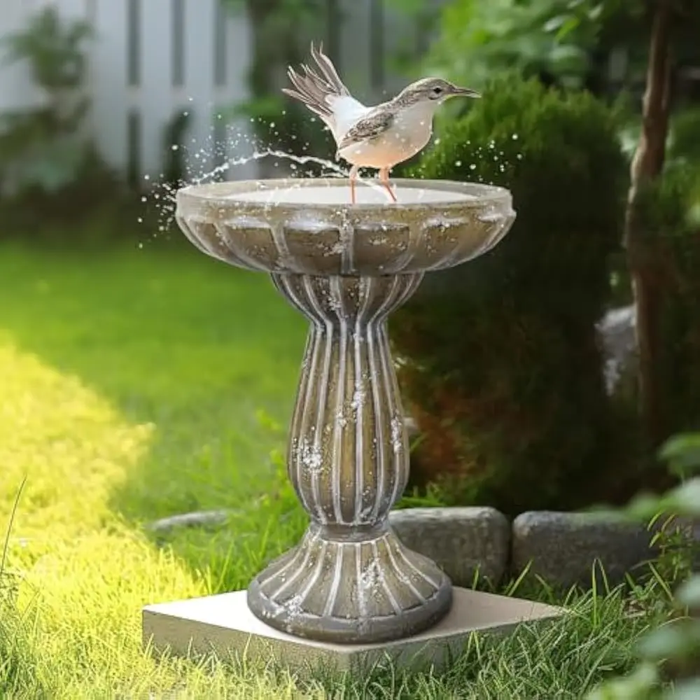 Cement Bird Bath for Garden- Fibre Reinforced Concrete Bird Baths for Outdoors, Large Size Vintage Carved Pedestal