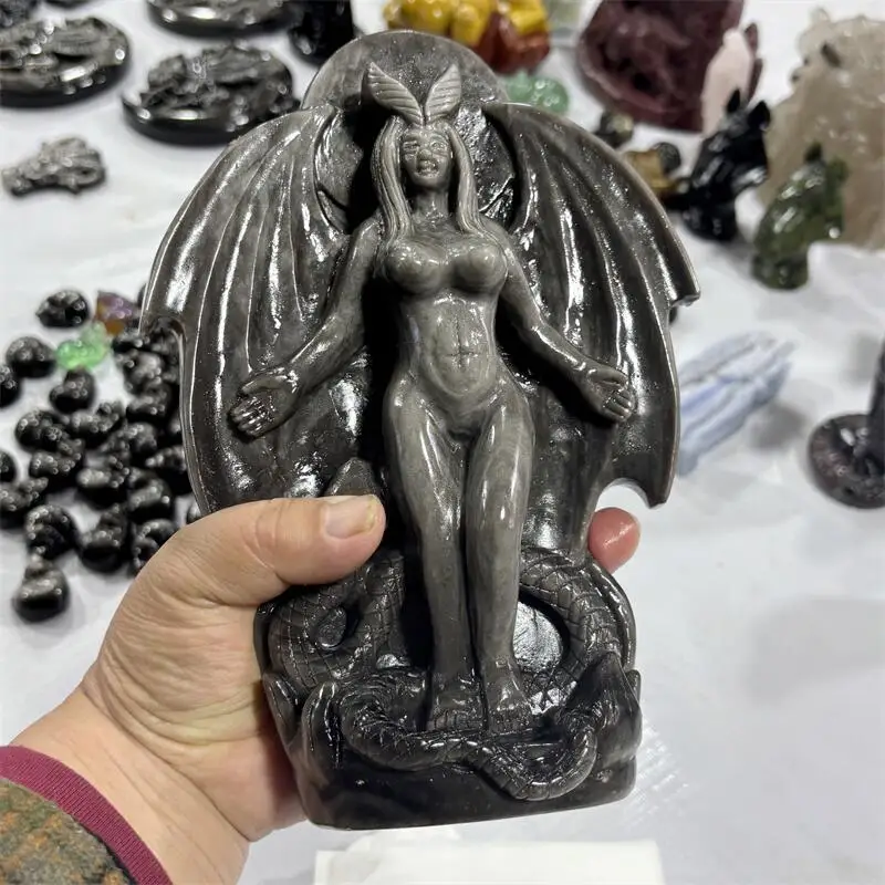 Natural Silver Obsidian Female Demon Statue Healing Fengshui Reiki Stone DIY Ornament Holiday Crafts Gift 1PCS