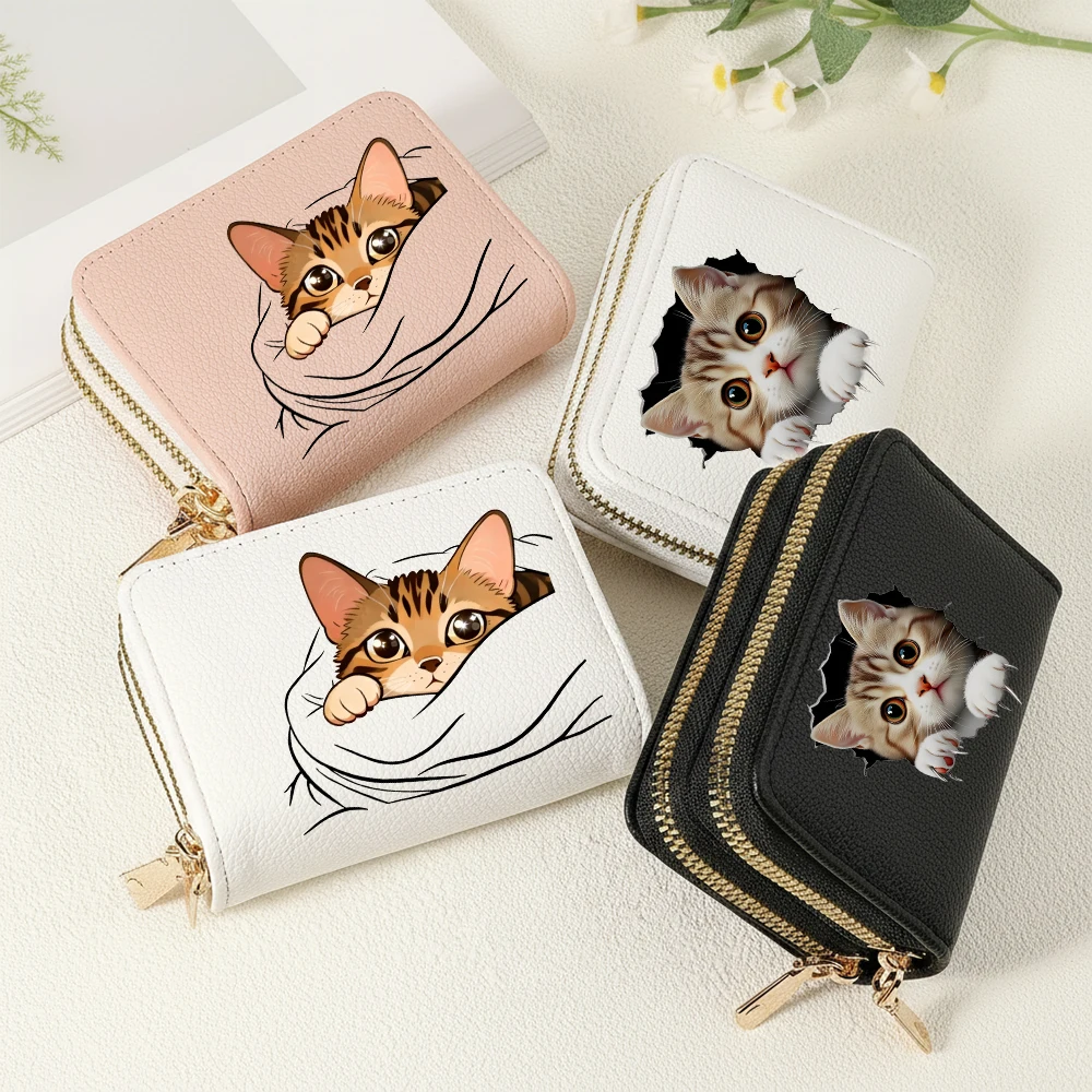 3D Niedliche Katzenmädchen Damen-Geldbörse mit Doppelreißverschluss, Lychee-Design, Kurzer Kreditkartenhalter mit Großer Kapazität und Münzfach – Detail 2
