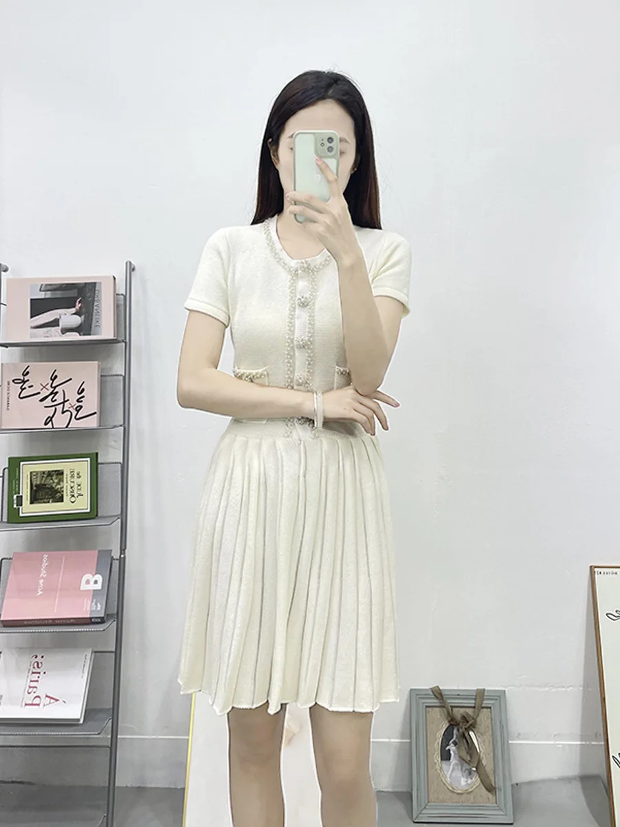 

Mini Dress for Women 2024 New Spring Summer Diamond Button O-neck Sweet Short Sleeve Short Robes