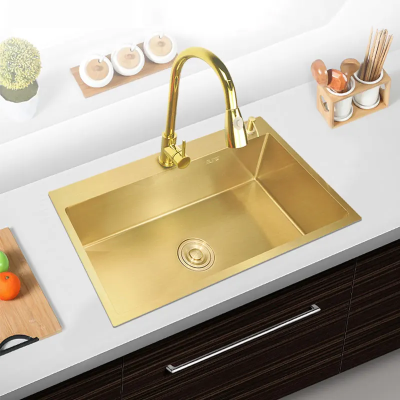 Gold nano kitchen sink, large single slot vegetable washing basin, stainless steel 304, manually thickened sink, middle and