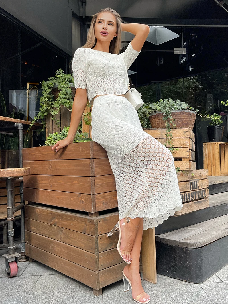 Seksowny letni dwuczęściowy zestaw damski Casual Knit Skirt 2-częściowy zestaw z podszewką Hollow White Floral Dzianinowy dwuczęściowy zestaw damski