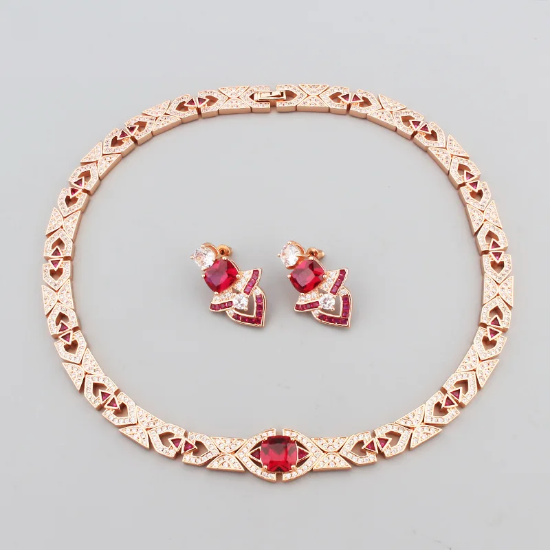 مجموعة مجوهرات مطلية بالزركون المكعب للنساء ، أقراط وقلادة مرصعة بالزركون ، سلسلة قلادة ، ترصيع باللون الأحمر ، لون ذهبي ، أسلوب مجموعة مصمم ، سيدة #5