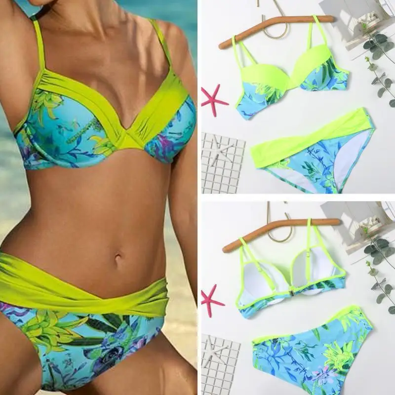 

New Swimwear Flower Print Rigid Support Sling Split Bikini Swimsuit