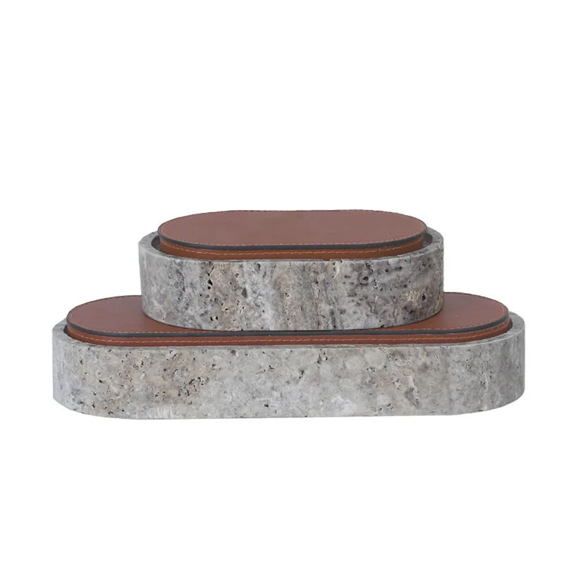 Portagioie in travertino giallo con foro grigio argento, scatola portaoggetti per vento wabi-sabi