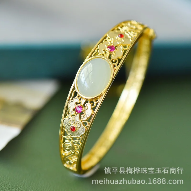 Natural Hetian Jade Ancient Method Inlaid Enamel Sachet Jasper Color Zircon Hollow Bracelet