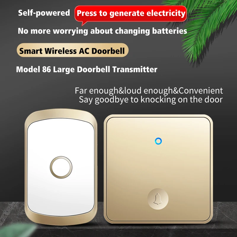 CACAZI Self-powered Home Wireless Doorbell Waterproof No Battery Button US EU UK Plug 60 Chime Wireless Alarm Doorbell (FA50BIG)