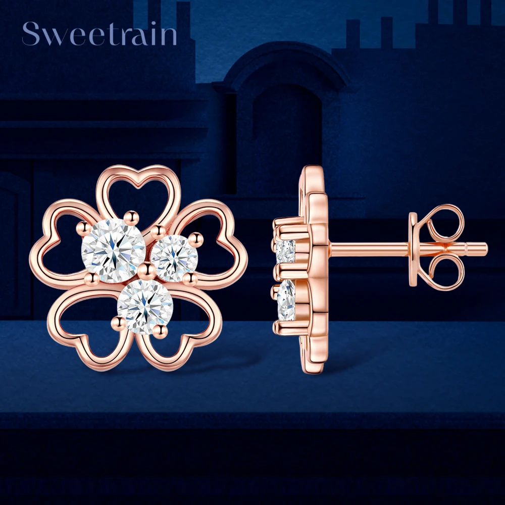 Flower All Moissanite Stud Earrings for Women 925 Sterling Silver Rose Gold Earring Sparkling Classic Bridal Wedding Jewelry