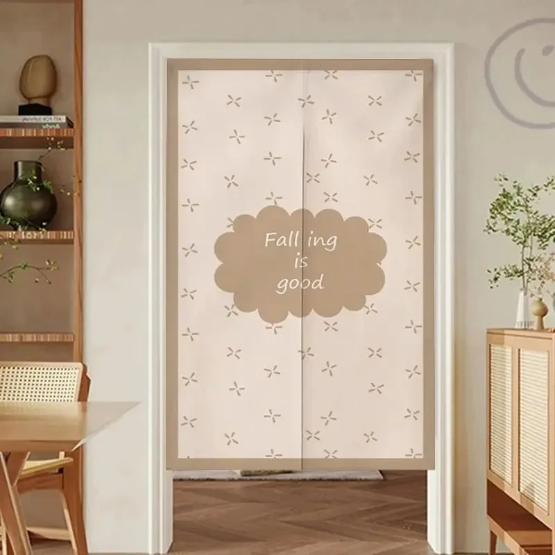 VIKAMA Minimalist Noren Door Curtain Beige Background Small Star Pattern With Letter Print Fabric Room Divider Curtain
