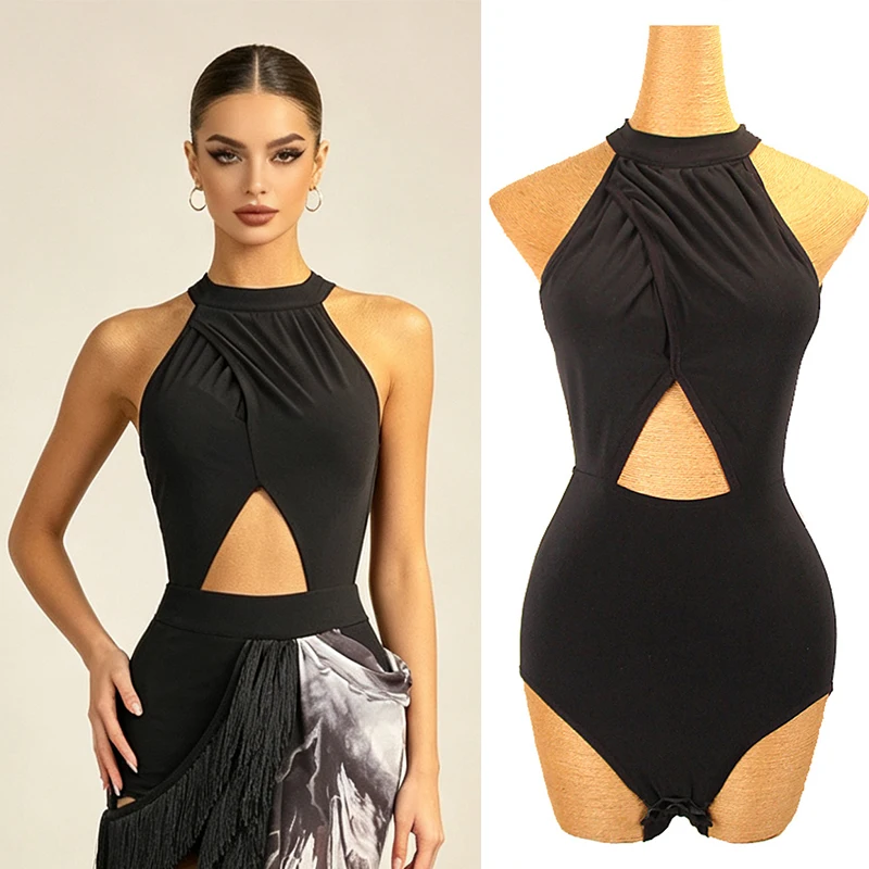 

2026 Sexy Latin Dance Top Sleeveless Hollow Lace Jumpsuit Modern Dance Practice Costume Chacha Rumba Tango Adult Wear DQL12741