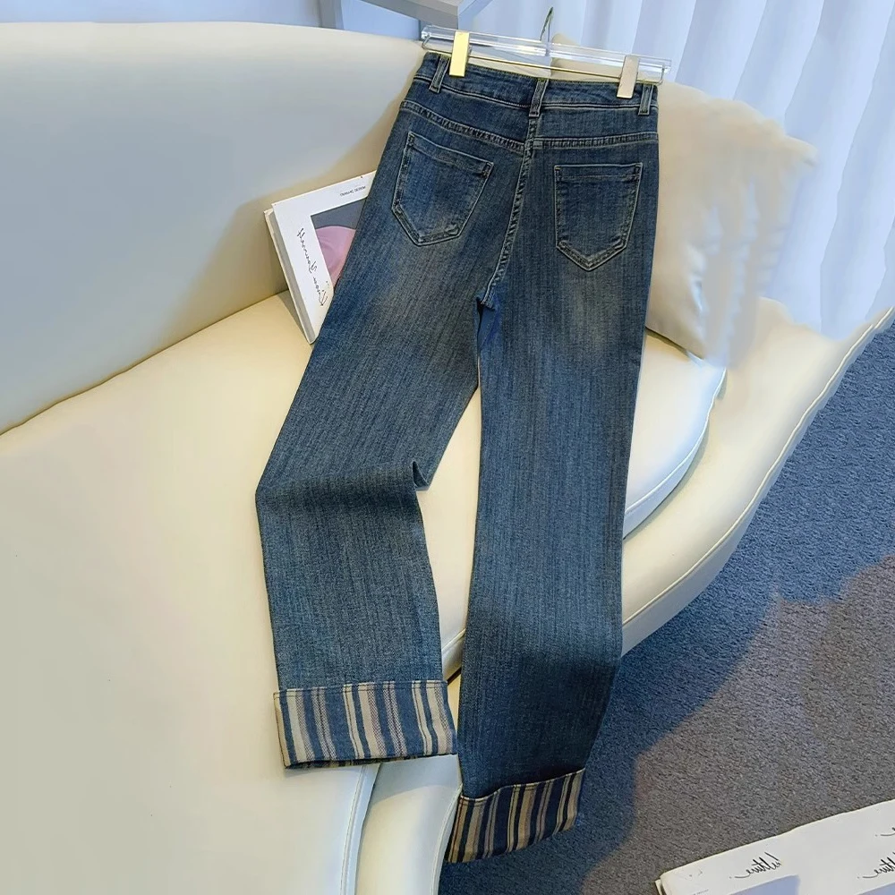 

Винтажные полосатые женские прямые джинсы, осенние облегающие джинсовые брюки с высокой талией и закрученными краями, универсальные укороченные брюки