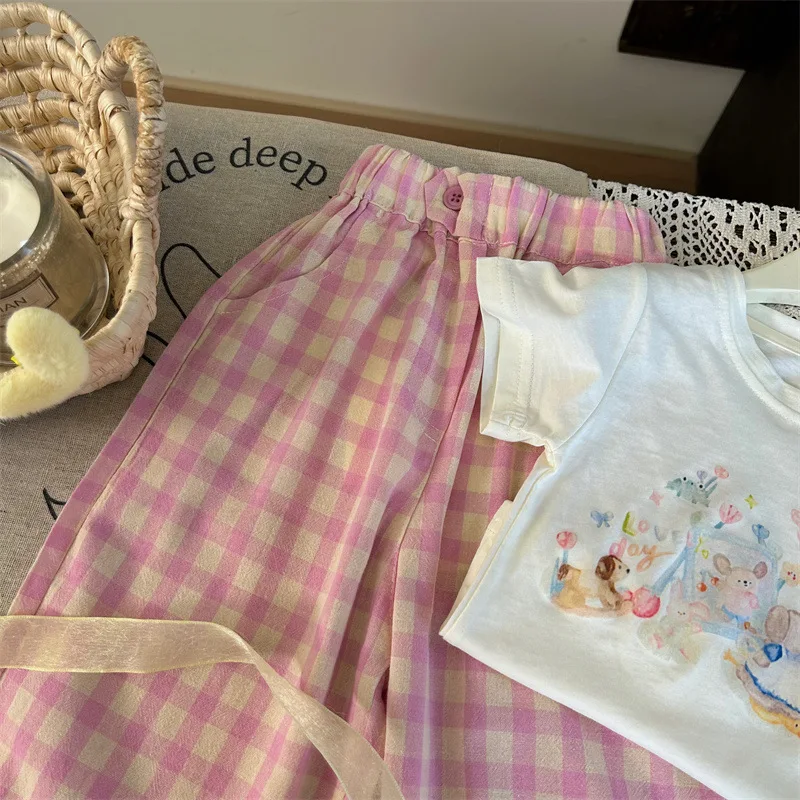 2 pezzi ragazze estate cartone animato t-shirt + rosa stampa Plaid pantaloni bambini Casual Pullover abiti Tees morbido Versatile Daliy