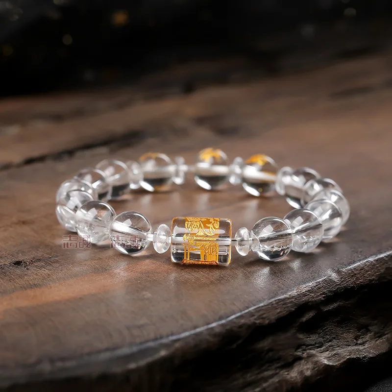 Natural Clear Crystal Glass Chinese Zodiac Triple Harmony Bracelet For Men Women Three Faced Wealth God Barrel Beads Lucky Charm