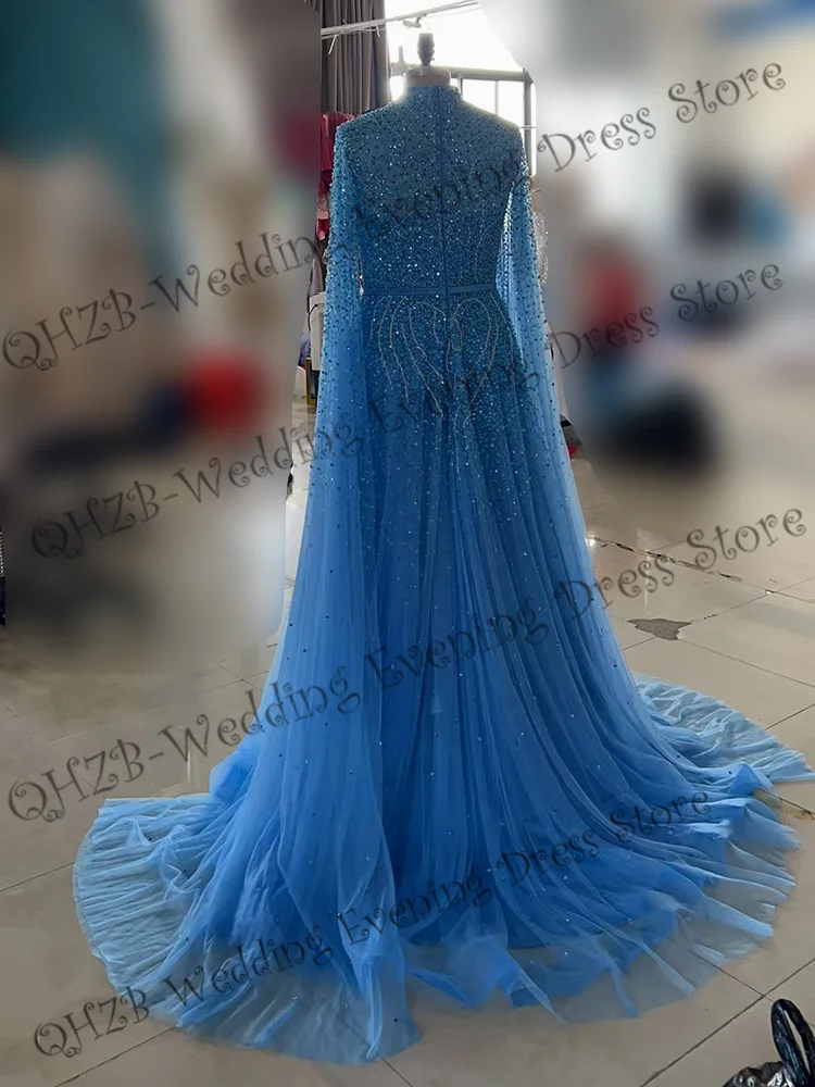 Customize O-Neck A-Line Long Sleeve Court Train Beading Sequined Engagement Birthday Floor Length Evening Gown Sexy Dress