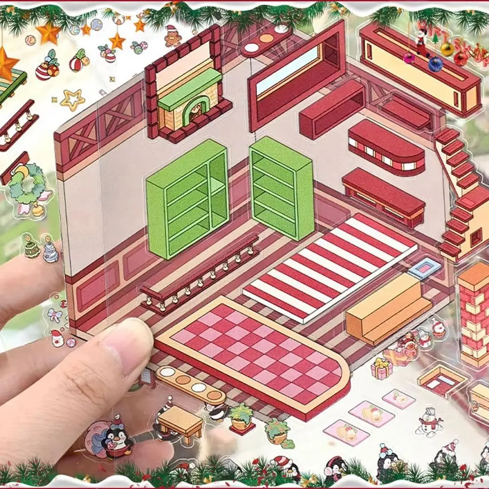 Pegatinas de paisajismo 3D navideñas impermeables, calcomanías decorativas de escena de cabina reutilizables de dibujos animados a prueba de desgarros con pinzas, 4 Uds.