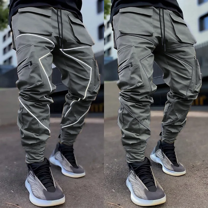 Multi-pocket Reflective Cargo Pants Men's Casual Sports Sweatpants Lightweight Running Jogging Trousers Fitness Gym Track Pants