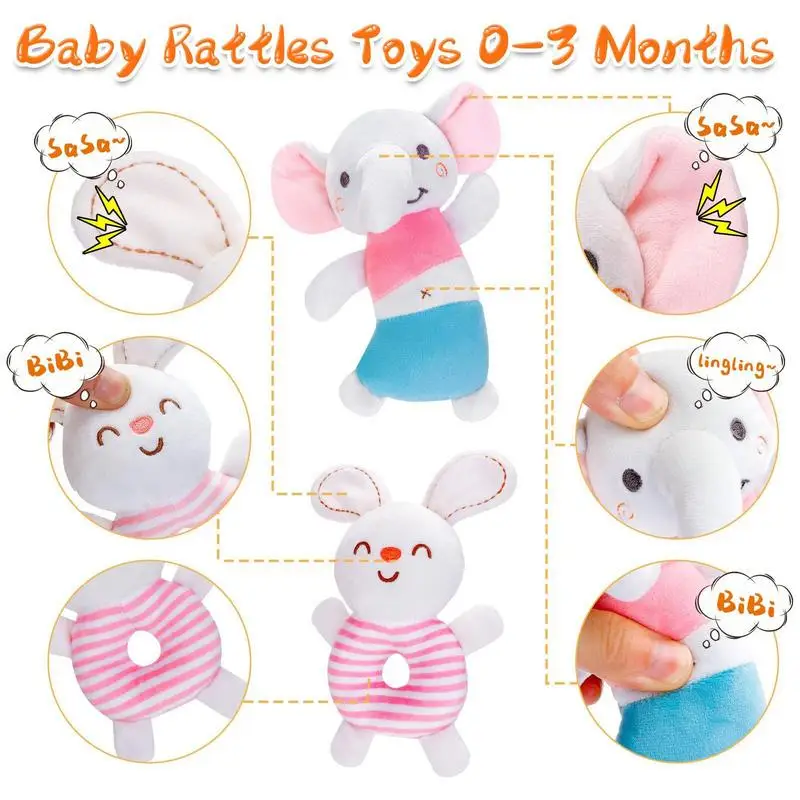 Stuffed Rattle Toy 2pcs Elephant And Bunny Soft Hand Grip Shaker Adorable Plush Ring Rattle For 0-6 Months Boy Girl Kids Hand