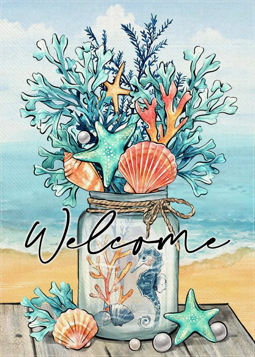 Welcome Summer Mason Jar Decorative Garden Flag, Beach Coastal Coral Starfish Shell Sea Horse Yard Outside Decorations, Naut SSL
