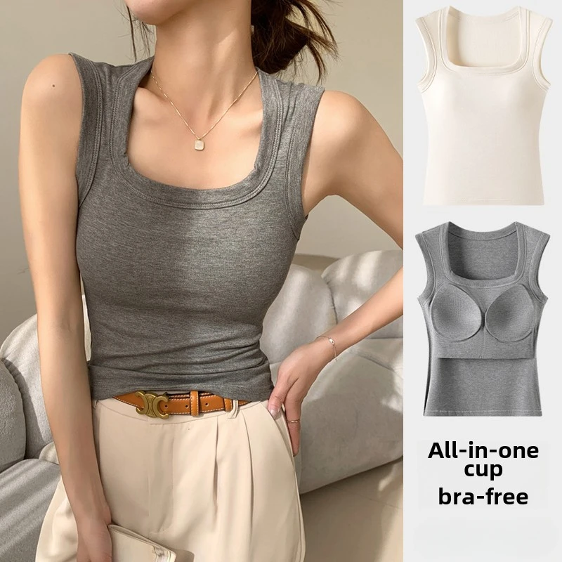 Women's Breathable Workout Vest Seamless Built-in Bra Tank Top, Wirefree Summer Sleeveless Shirt & T-Shirt Combo Summer Casual