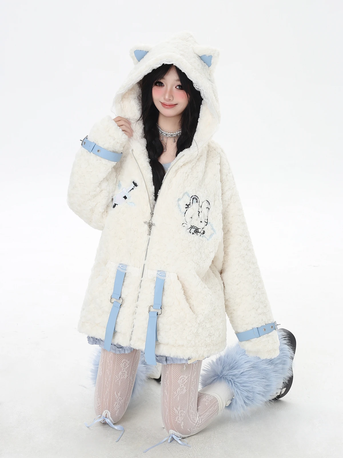Fashion Sweet Cute Girl Cat Ear Hooded Cartoon Embroidery Cross Zipper Thick Warm Plush Coats Loose Casual Jackets Women Winter