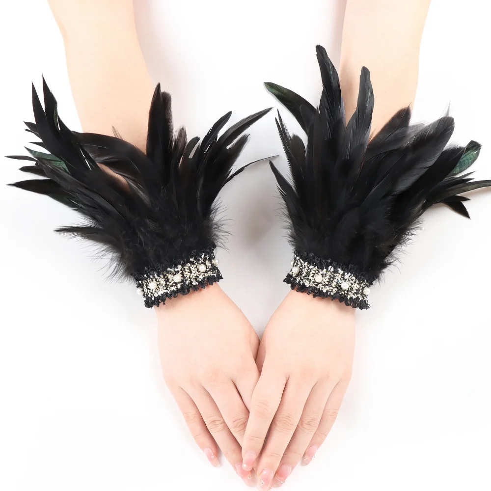 ブラックフェザーリストカフスレトロヴィンテージパンクゴシックフェザーカフス女性男性用ハロウィンパーティーゴスレイブコスチュームコスプレ小道具