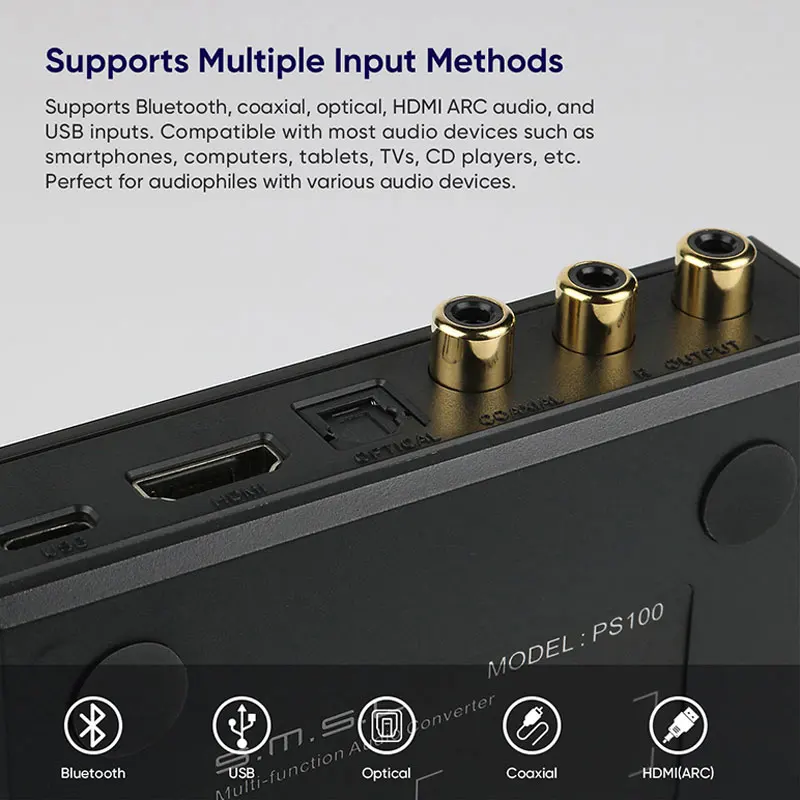 Smsl ps100 usb c dac amp bluetooth koaxial optisch hdmi audio konverter multifunktion aler verstärker für home car music es9023 chip