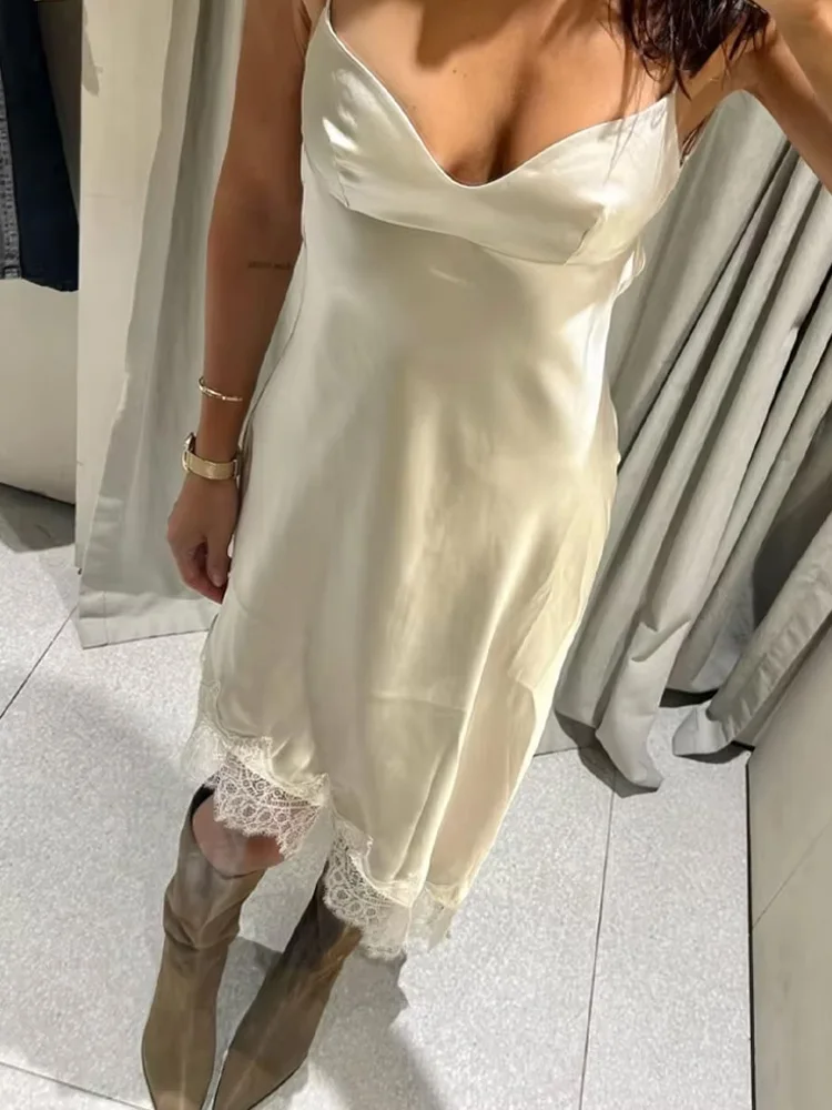 HH 패션 여성 비대칭 레이스 장식 새틴 드레스 여름 여성 우아한 민소매 백리스 섹시 비치 파티 드레스