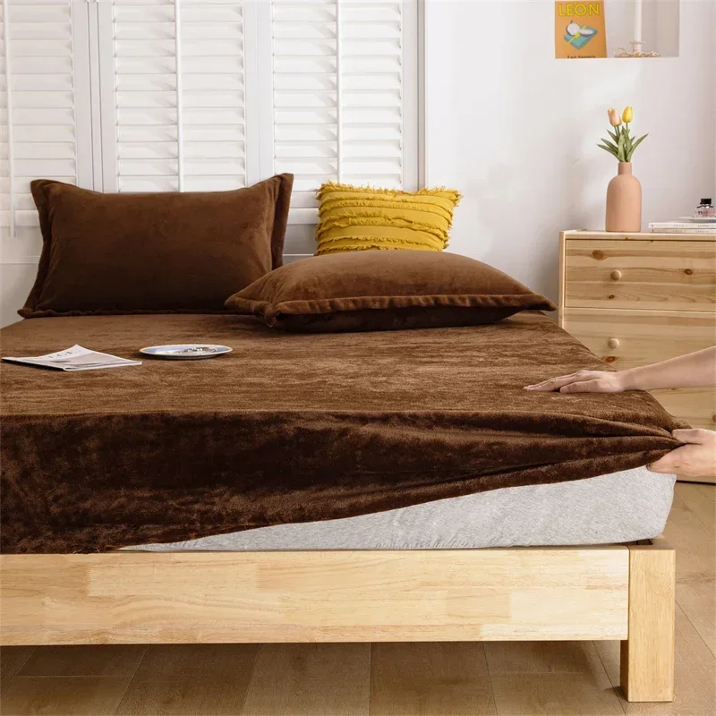 120/150/180*200CM Thick Brown Bedspread Antislip Coverlet Coral Velvet Fitted Sheet for Winter for 5-22CM Mattress M031-10