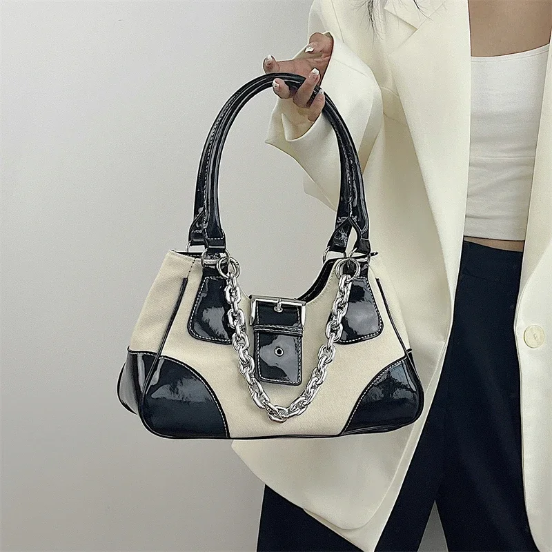 

Vintage Sweet Cool Girls Canvas Underarm Bag Patent Leather Women's Metal Chain Shoulder Crossbody Bags Y2k Tote Purse Handbags