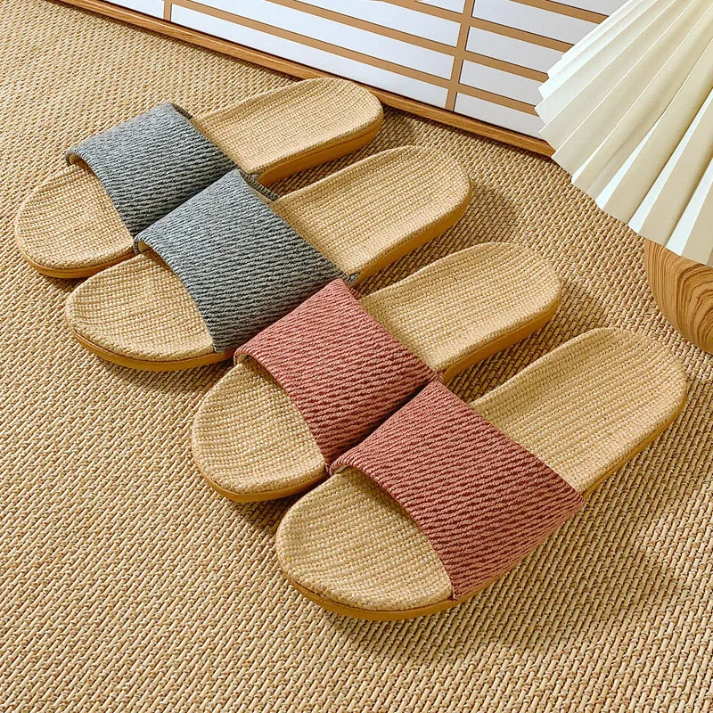 2024 Summer New Linen Slippers Couple Summer Thick Bottom Slippers Home Indoor Comfortable Non slip Slippers