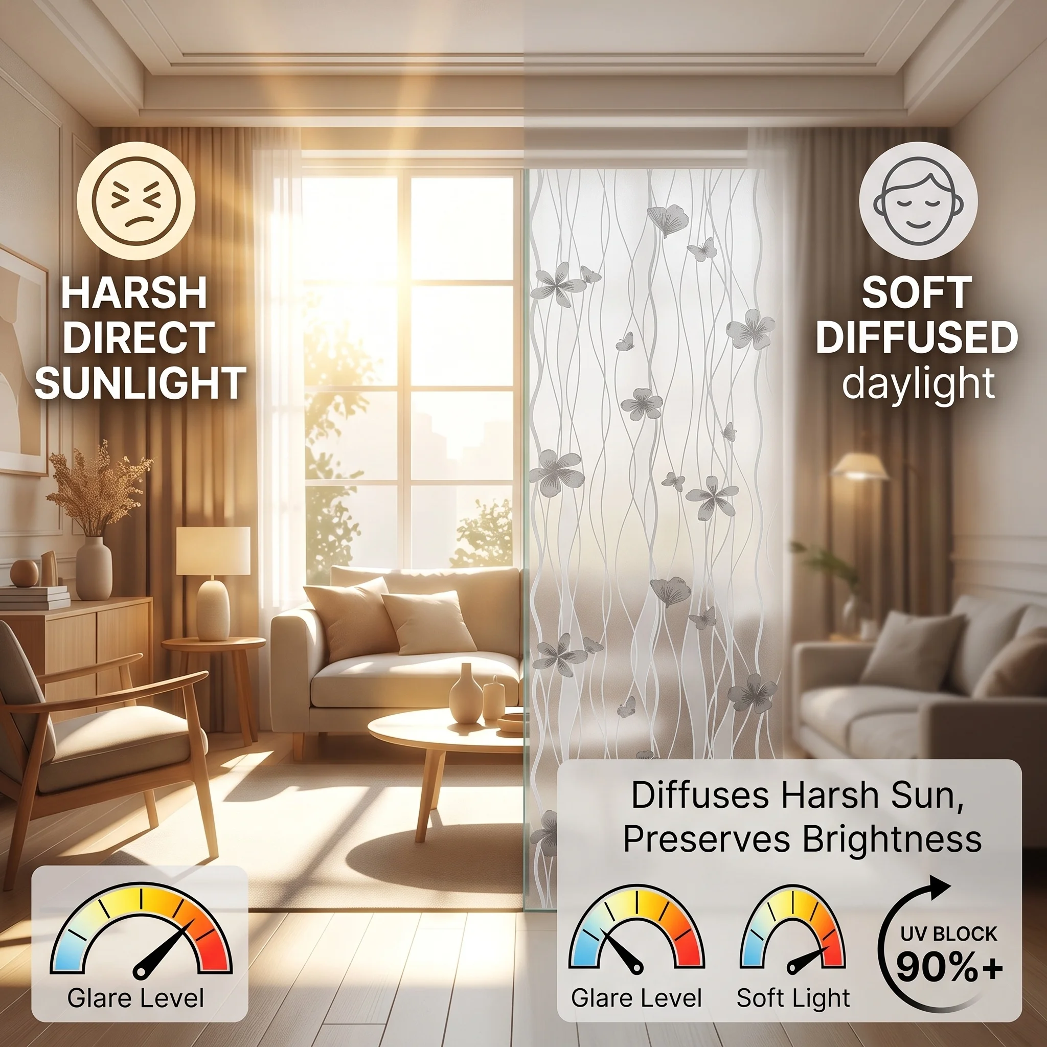 Frosted Butterfly & Flower Privacy Window Film Self-Adhesive Soft Light Transmission Anti-Peep Waterproof PVC Glass Cover for Ho