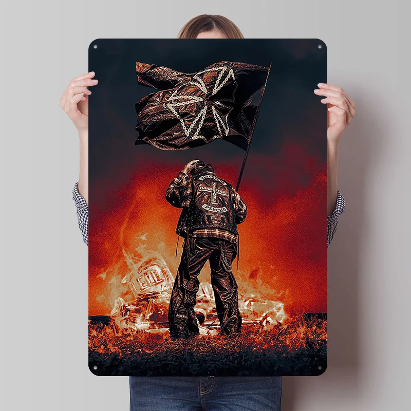 Hardstone Psycho Flag Bearer in Flames Tin Plaque Poster Customized Wall Art Retro Vintage Metal Signs for Room Decoration Home