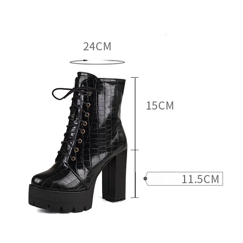 

ORCHALISA Women's Ankle Boots Round Toe 11.5cm Chunky Heel Platform Lace Large Size 46-48 Party Booties Spring Autumn Winter