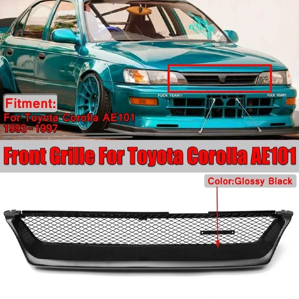 Car Front Grilles Bumper Grille Touring Wagon Style Racing Grill Glossy Black For Toyota Corolla AE101 1993-1997 Exterior Part