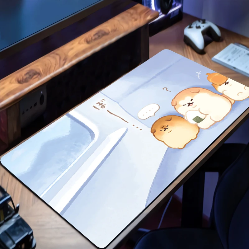 Gaming Mouse Pad with Stitched Edge Non-Slip Rubber Base Bread Dog Extended Desk Mat Keyboard Mousepad for Office Home Computer