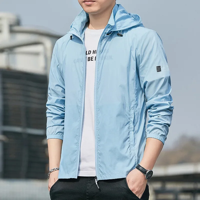 معاطف فضفاضة واقية من الشمس للرجال ، سحاب مضاد للأضواء فوق البنفسجية ، جواكيت بغطاء رأس من الحرير الجليدي ، أكمام طويلة ، ملابس خارجية جيدة التهوية ، أحادية اللون ، الصيف ،