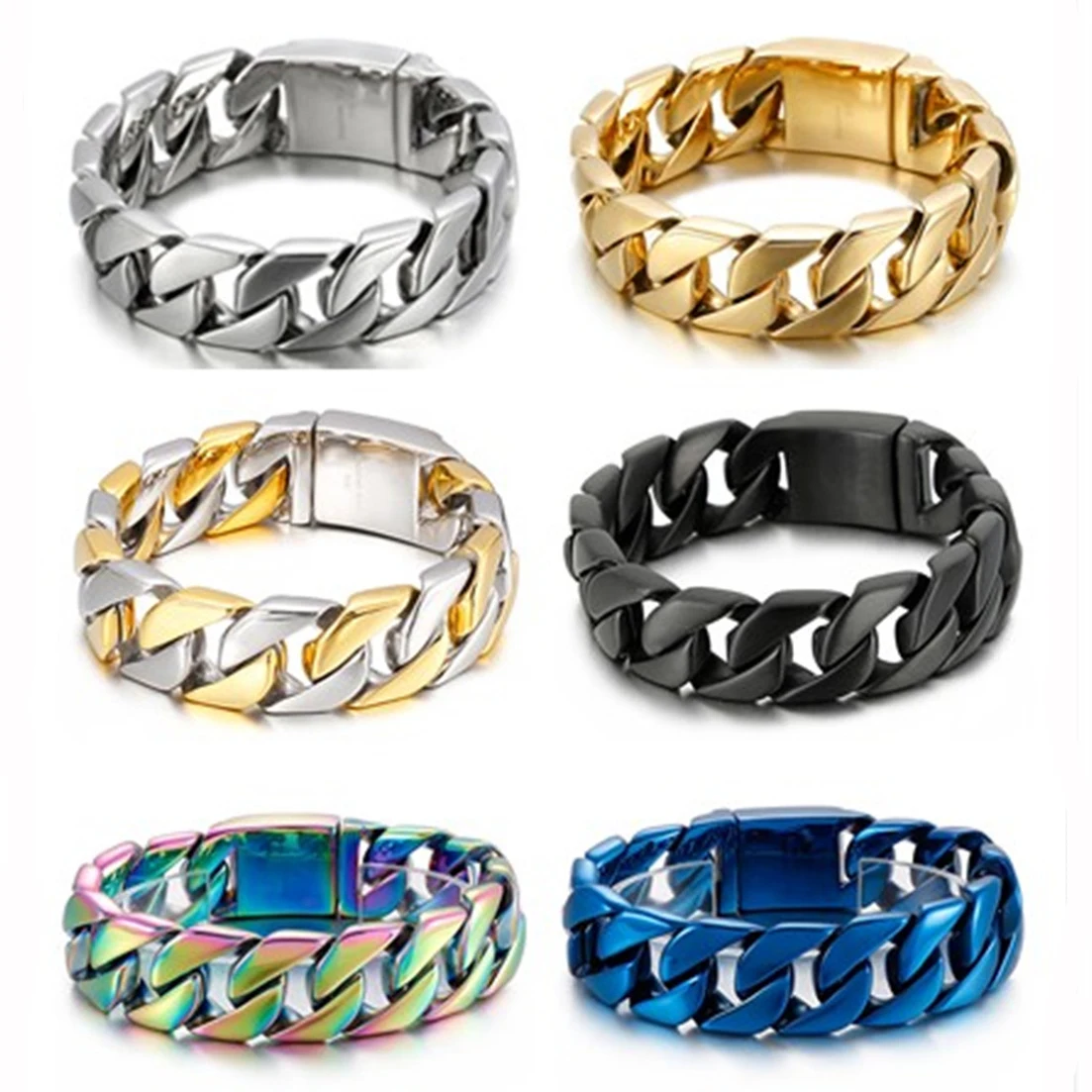 Men's Stainless Steel Curb Cuban Link Chain Bracelet Bangle 20mm*21cm 6Color Choice