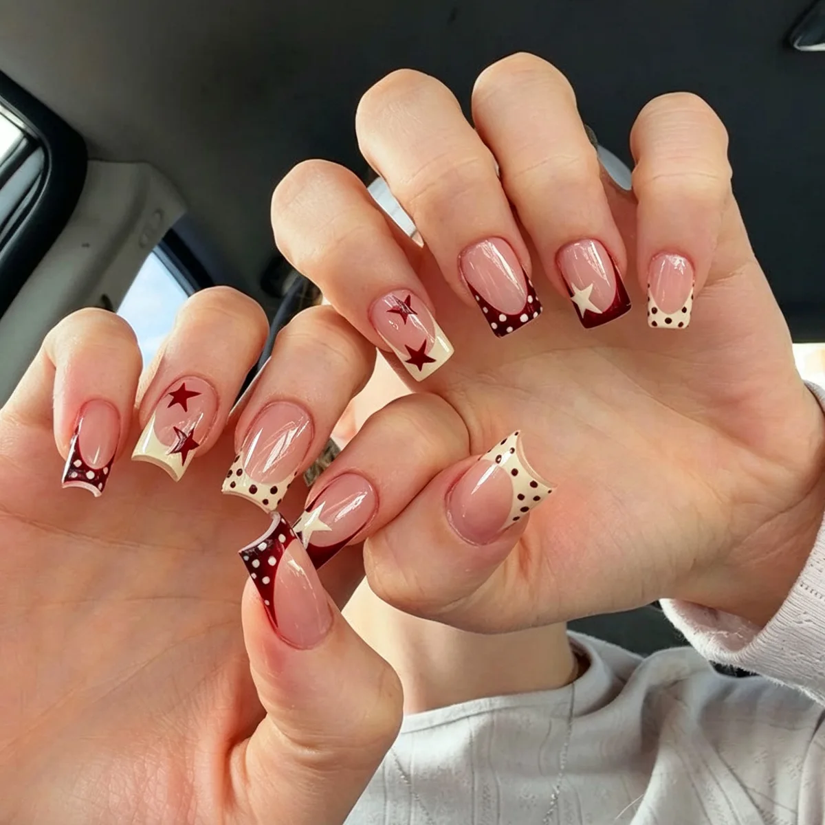 Square Head Handmade Fake Nails Tips Star Pattern French with Dot Design False Nail Art Short Square Wearable Press on Nails