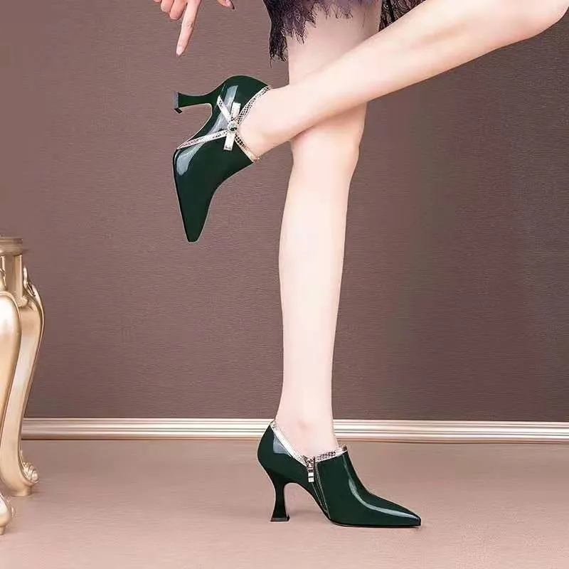 2022 NEW Fashion Spring Shoes Women Pumps High Heels Pointed Toe Bowtie Side Zip Female Footware Black Green Shoes