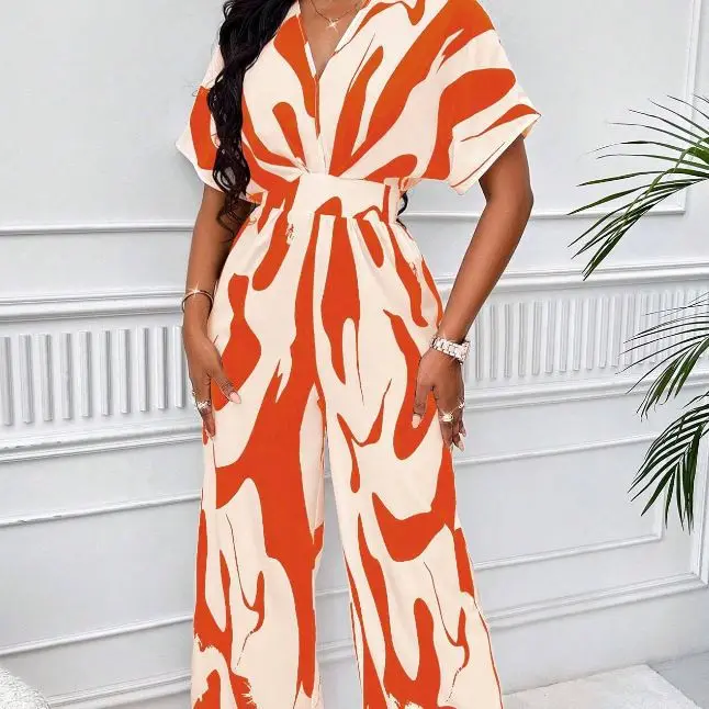 Casual Wide Leg Print Jumpsuit Women Summer Fashion V-neck Short Sleeve Jumpsuits For Women 2024 Boho High Wasst One Piece Set