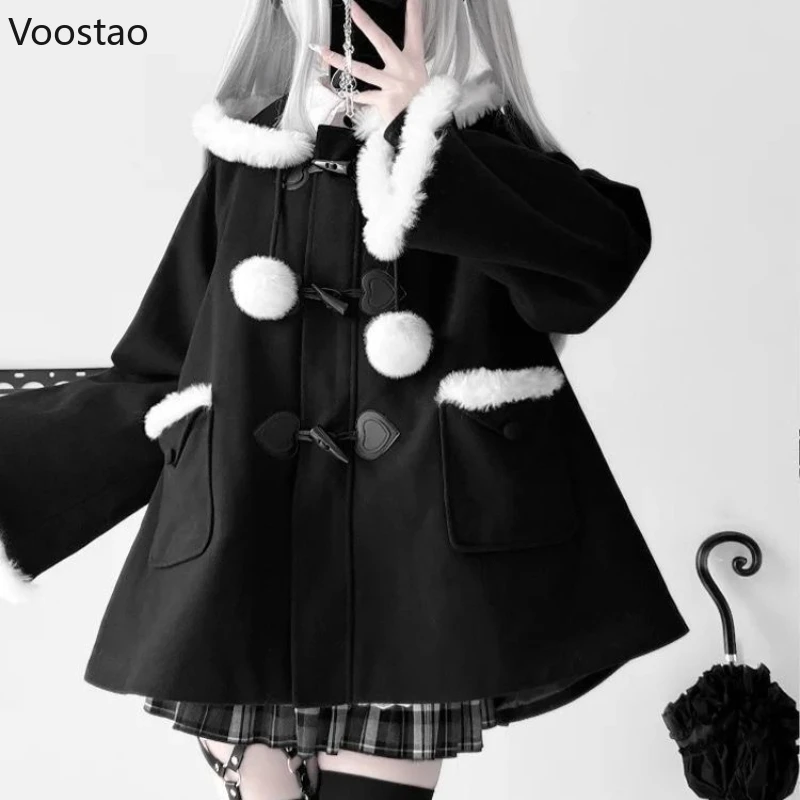 

Japanese Gothic Plush Patchwork Hooded Coat Y2k Aesthetic Women Sweet Button Woolen Jackets Autumn Winter Retro Lolita Overcoat