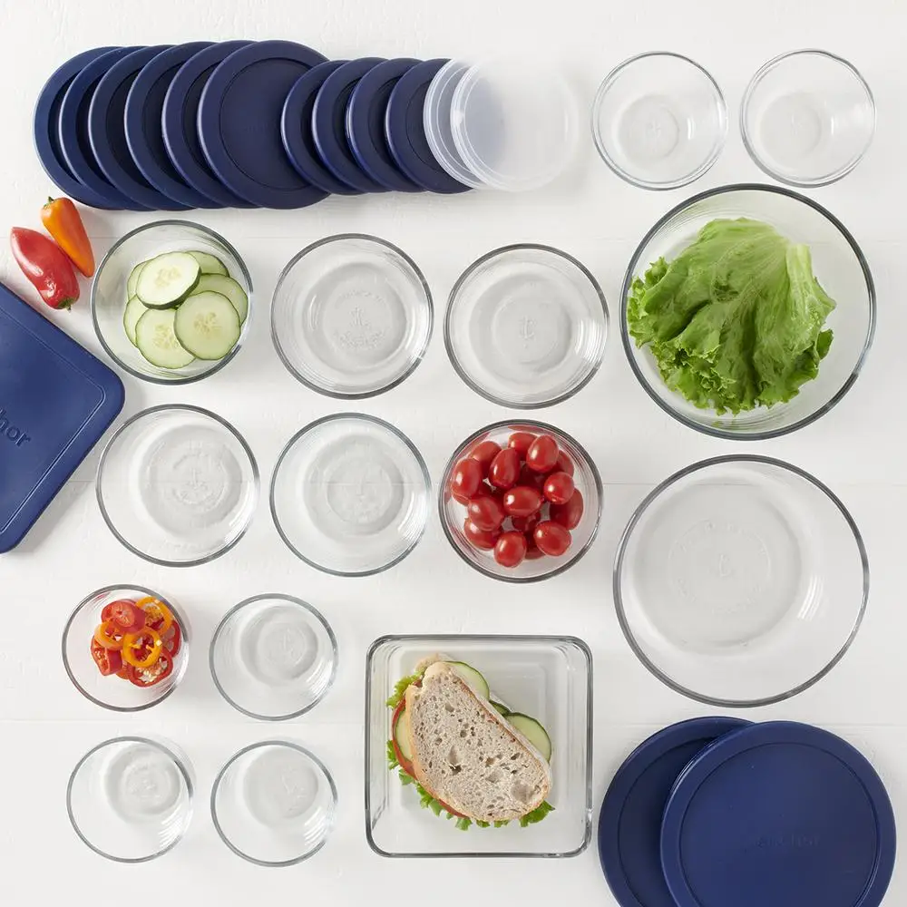 Clear Glass Food Storage Set 30 Pieces with Navy Lids Airtight Containers Microwave Oven Refrigerator Freezer Dishwasher Safe