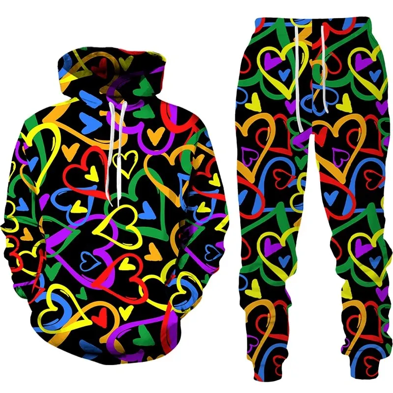 Autunno Love Heart 3D stampato felpa con cappuccio da uomo felpe con cappuccio pantaloni sportivi moda casual due pezzi tuta set abbigliamento uomo