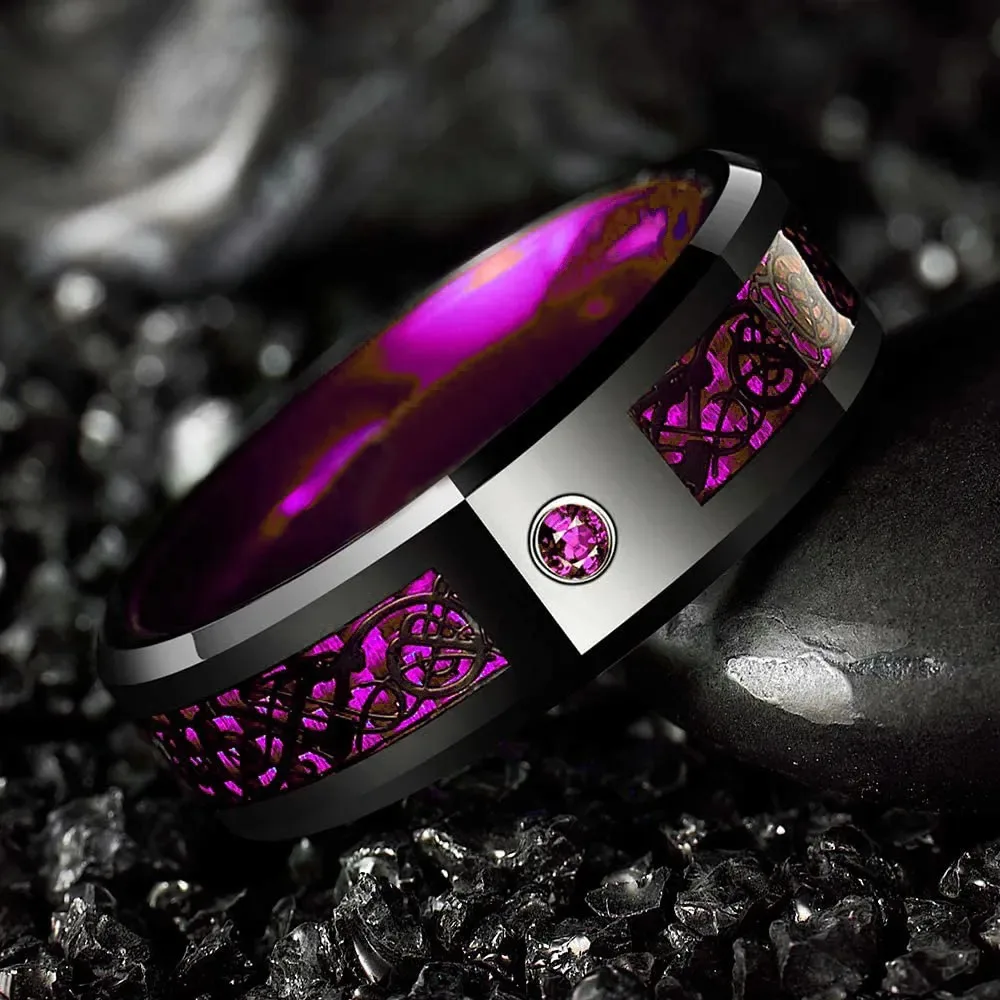Mens Fashion Stainless Steel Celtic Dragon Rings With Red Blue Green Crystal CZ Carbon Fibre Rings For Men Wedding Band Jewelry
