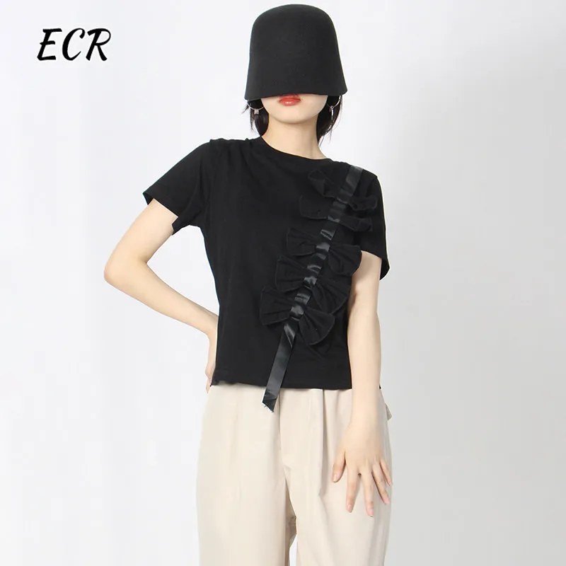 ECR Minimalist Solid T Shirts For Women Round Neck Short Sleeve Patchwork Bowknot Casual Pullover Shirts Female Fashion Clothing