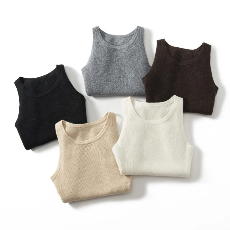 100% Premium Cashmere Women O-Neck Sleeveless Ribbed Knit Vest Solid Color Slim Fit Minimal Versatile Comfortable Sweater