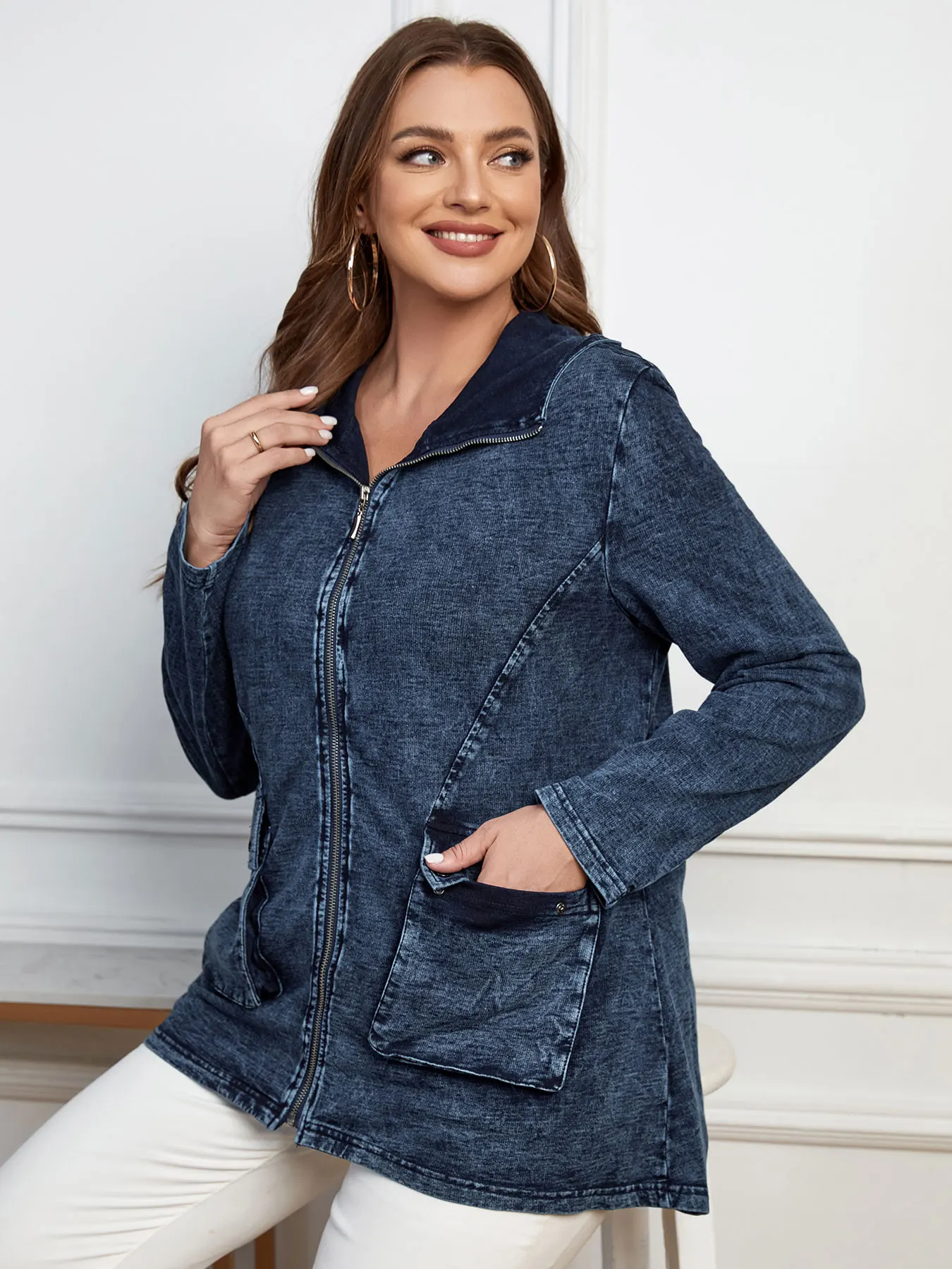 LIH HUA-Jaqueta jeans feminina com almofadas de ombro, elástico, elástico, tamanho grande, casual