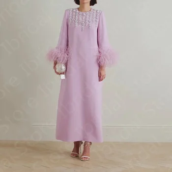 신부의 아랍어 어머니 드레스, 라일락 깃털 어머니 가운, 긴 소매 구슬 웨딩 파티 드레스, 발목 길이